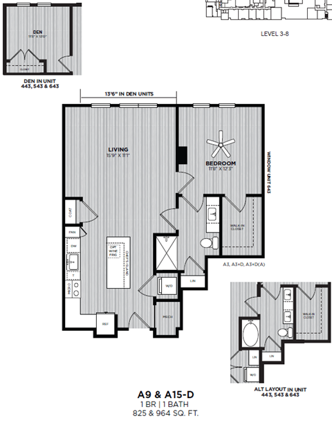 Floor plan for 1 bed, 1 bath, 825 sqft